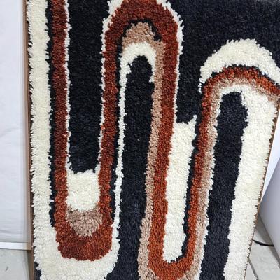 Framed Latch hook rug with two vintage afghans