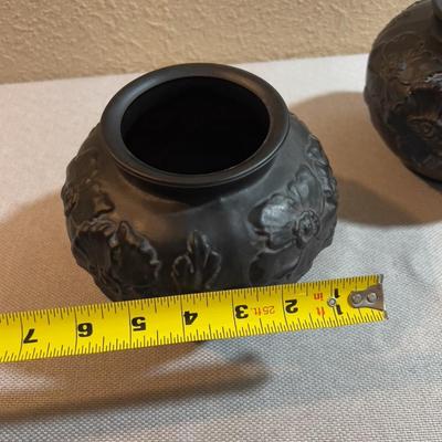 2 Black Glass Antique Vases Matching