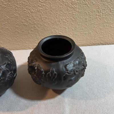 2 Black Glass Antique Vases Matching