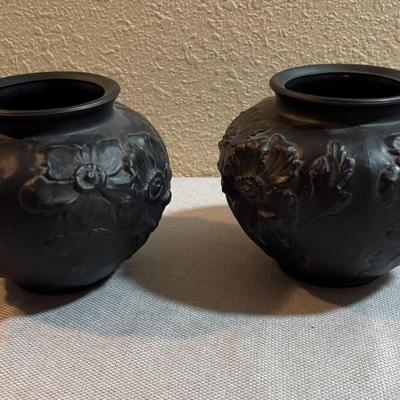 2 Black Glass Antique Vases Matching
