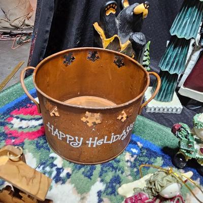 Rustic Christmas decorations, with throw rug, Big Santa, ceramic tree and more