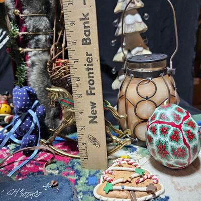 Rustic Christmas decorations, with throw rug, Big Santa, ceramic tree and more