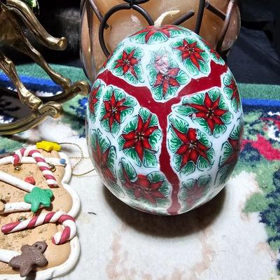 Rustic Christmas decorations, with throw rug, Big Santa, ceramic tree and more