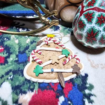 Rustic Christmas decorations, with throw rug, Big Santa, ceramic tree and more