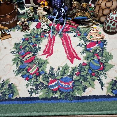 Rustic Christmas decorations, with throw rug, Big Santa, ceramic tree and more
