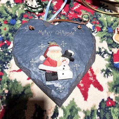 Rustic Christmas decorations, with throw rug, Big Santa, ceramic tree and more