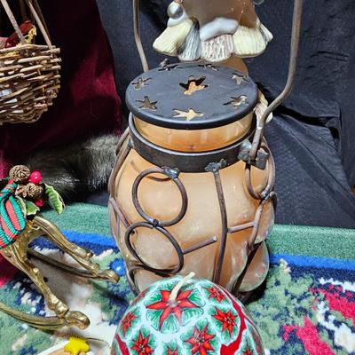 Rustic Christmas decorations, with throw rug, Big Santa, ceramic tree and more