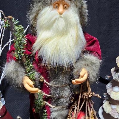 Rustic Christmas decorations, with throw rug, Big Santa, ceramic tree and more