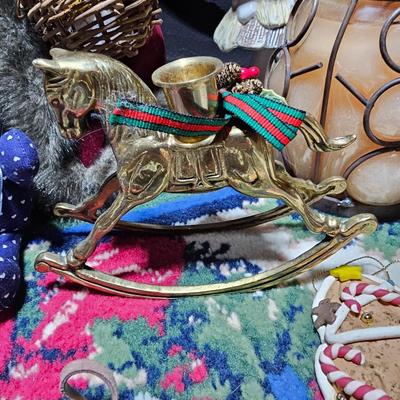 Rustic Christmas decorations, with throw rug, Big Santa, ceramic tree and more