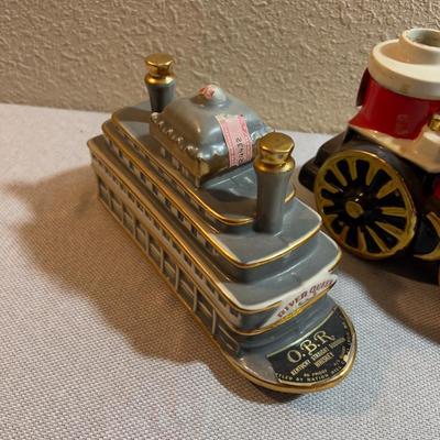 2 VINTAGE Ceramic Decanters Train & Steamboat Paddle Wheel