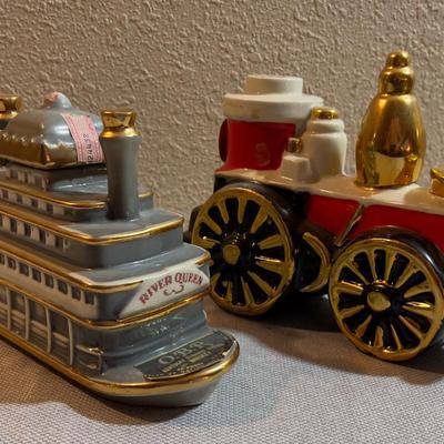 2 VINTAGE Ceramic Decanters Train & Steamboat Paddle Wheel
