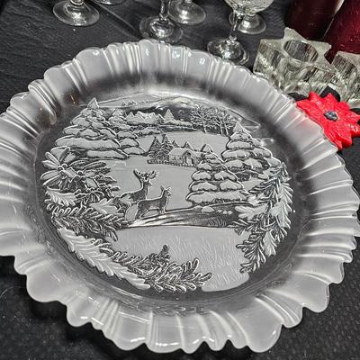 Christmas dinnerware, and decorations, Libbey wine glasses w/Etched Trees, Glass platter with Raised Scene and more