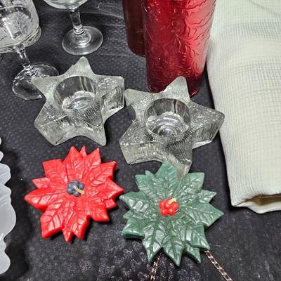 Christmas dinnerware, and decorations, Libbey wine glasses w/Etched Trees, Glass platter with Raised Scene and more