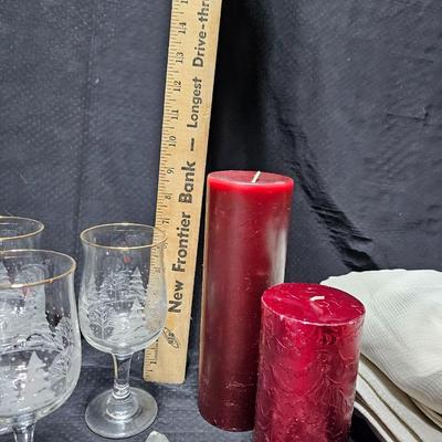 Christmas dinnerware, and decorations, Libbey wine glasses w/Etched Trees, Glass platter with Raised Scene and more