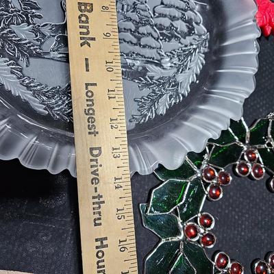 Christmas dinnerware, and decorations, Libbey wine glasses w/Etched Trees, Glass platter with Raised Scene and more