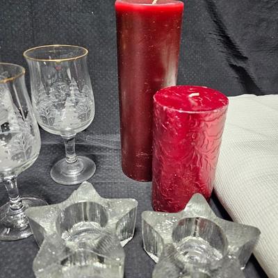 Christmas dinnerware, and decorations, Libbey wine glasses w/Etched Trees, Glass platter with Raised Scene and more