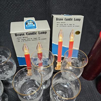Christmas dinnerware, and decorations, Libbey wine glasses w/Etched Trees, Glass platter with Raised Scene and more