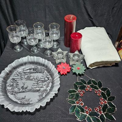 Christmas dinnerware, and decorations, Libbey wine glasses w/Etched Trees, Glass platter with Raised Scene and more