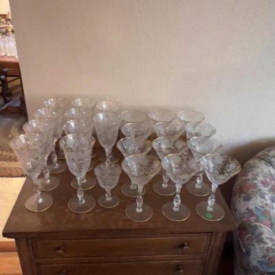 Very Large Set of Etched, Gold Rimmed, Crystal Stem Ware