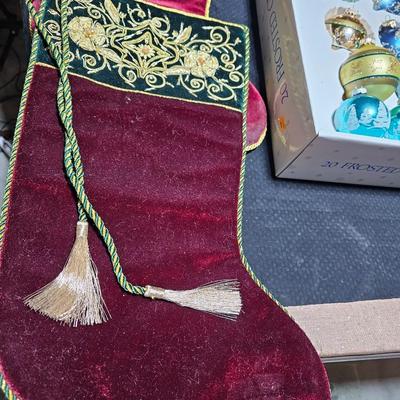 Vintage glitter decorated Christmas bulbs with four elegant stockings