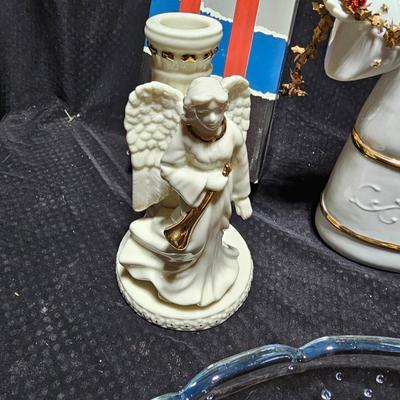 Collectable porcelain Angel with porcelain angel candle holders a large platter and more