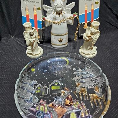 Collectable porcelain Angel with porcelain angel candle holders a large platter and more