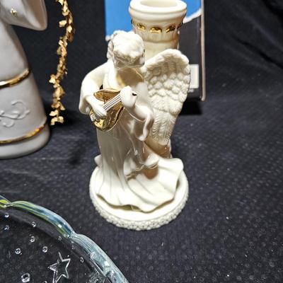 Collectable porcelain Angel with porcelain angel candle holders a large platter and more