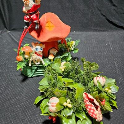 Vintage Christmas plastic Santa on Mushroom house with deer. blow mold MCM tabletop vintage Christmas plastic decoration