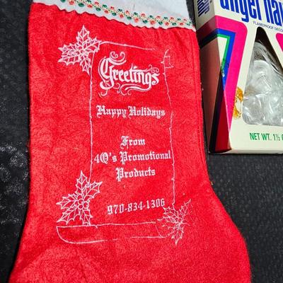 Vintage Christmas - NOEL porcelain decor - some Angel hair and a vintage promotional stocking