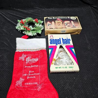 Vintage Christmas - NOEL porcelain decor - some Angel hair and a vintage promotional stocking