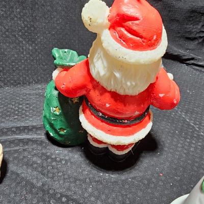 Vintage Christmas Santa's -Adorable Santa Planter - felt - Bell - candle and a Stetson promotional Santa box with small red hat.