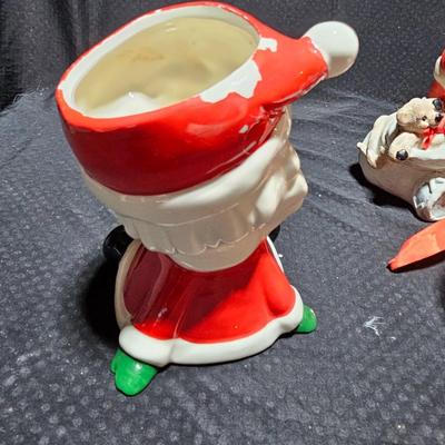 Vintage Christmas Santa's -Adorable Santa Planter - felt - Bell - candle and a Stetson promotional Santa box with small red hat.