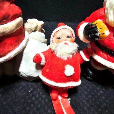 Vintage Christmas Santa's -Adorable Santa Planter - felt - Bell - candle and a Stetson promotional Santa box with small red hat.