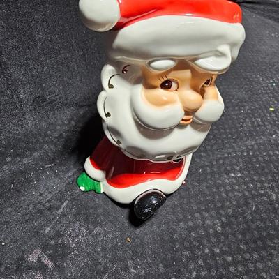 Vintage Christmas Santa's -Adorable Santa Planter - felt - Bell - candle and a Stetson promotional Santa box with small red hat.
