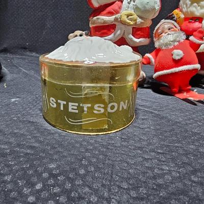Vintage Christmas Santa's -Adorable Santa Planter - felt - Bell - candle and a Stetson promotional Santa box with small red hat.