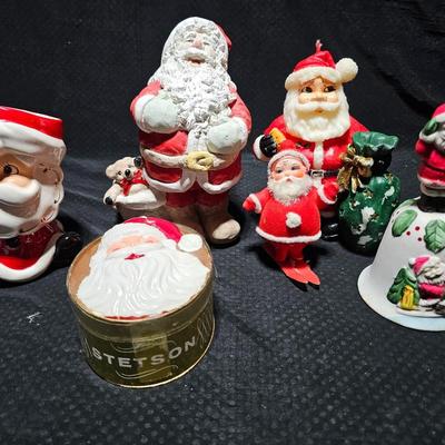 Vintage Christmas Santa's -Adorable Santa Planter - felt - Bell - candle and a Stetson promotional Santa box with small red hat.