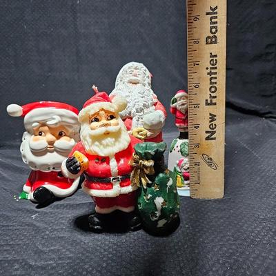 Vintage Christmas Santa's -Adorable Santa Planter - felt - Bell - candle and a Stetson promotional Santa box with small red hat.
