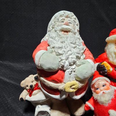 Vintage Christmas Santa's -Adorable Santa Planter - felt - Bell - candle and a Stetson promotional Santa box with small red hat.