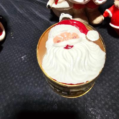 Vintage Christmas Santa's -Adorable Santa Planter - felt - Bell - candle and a Stetson promotional Santa box with small red hat.