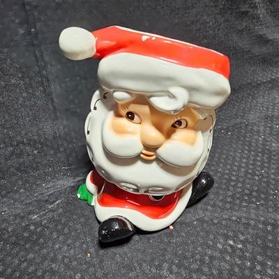 Vintage Christmas Santa's -Adorable Santa Planter - felt - Bell - candle and a Stetson promotional Santa box with small red hat.