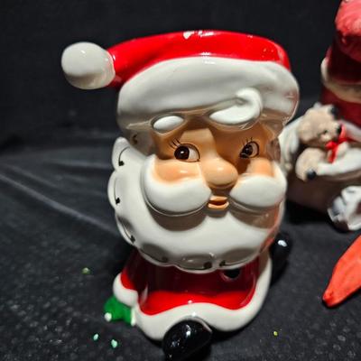 Vintage Christmas Santa's -Adorable Santa Planter - felt - Bell - candle and a Stetson promotional Santa box with small red hat.