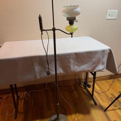 Antique Brass and Glass Floor Lamp with Yellow Glass and Milk Glass