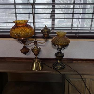 Set of Brass and Amber Glass Mismatched PAIR
