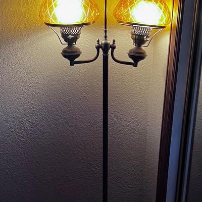 Brass and Amber Shade Floor Lamp