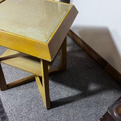 Mid Century Blond Glass Top Lamp Table