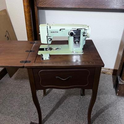 White Sewing Machine with Cabinet