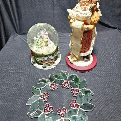 Large musical snow globe - stained glass wreath and a tall Santa