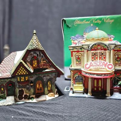 Two Christmas village buildings - Casino and crystal creek winery