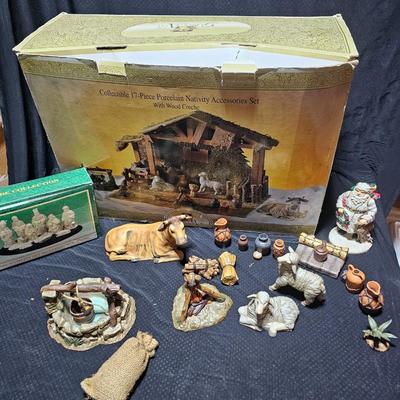 Collectible Porcelain Nativity set with wood Creche and accessories with wood based nativity people