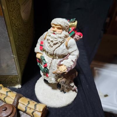 Collectible Porcelain Nativity set with wood Creche and accessories with wood based nativity people